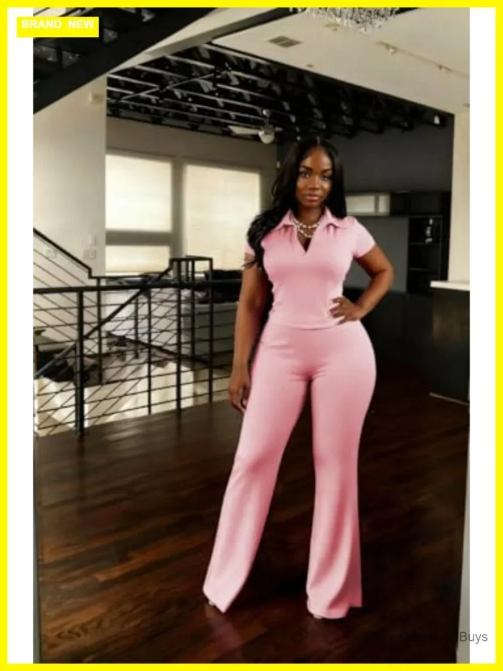 2 Piece Outfits Slim Fit V Neck Polo Top Flare Pants Short Sleeve Casual
